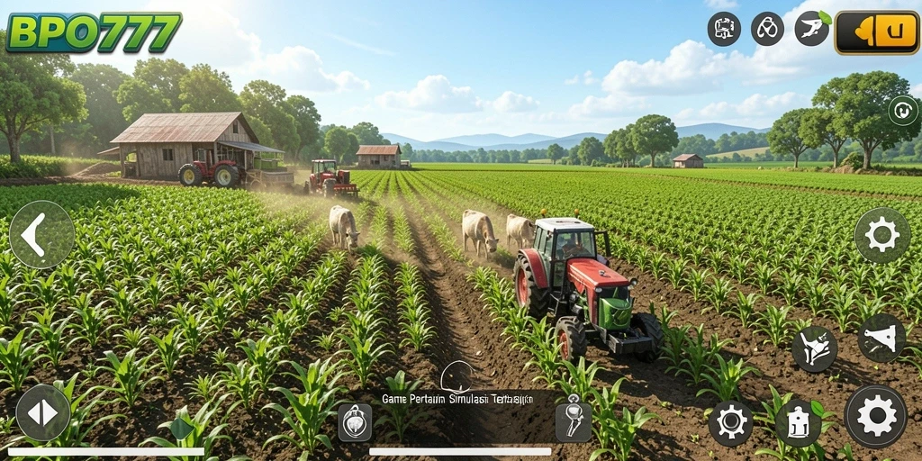 Tampilan gameplay <strong>BPO777</strong> menampilkan kebun subur dan penuh warna.