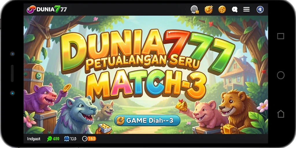 Screenshot utama DUNIA777 menampilkan gameplay seru dan menantang Match-3.