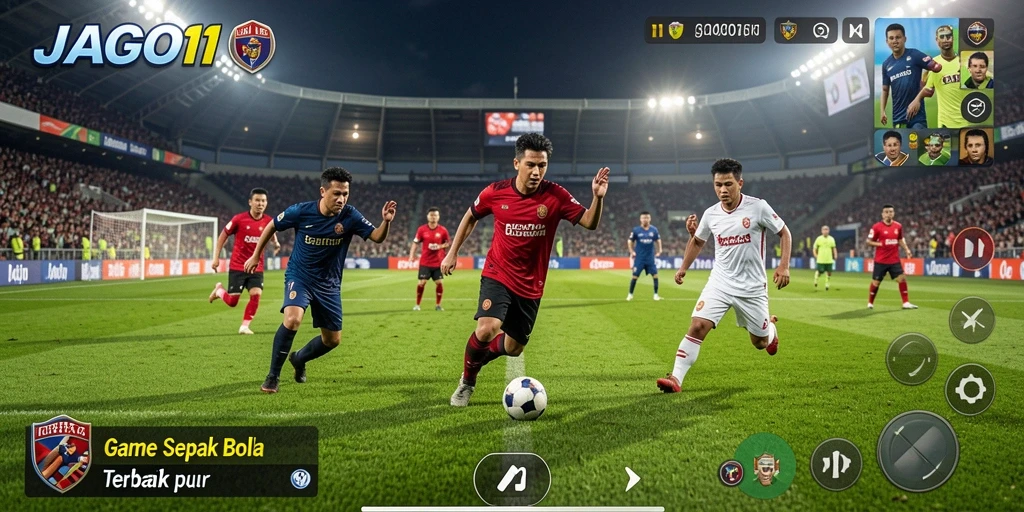 Screenshot JAGO11 menampilkan aksi seru dalam permainan sepak bola.