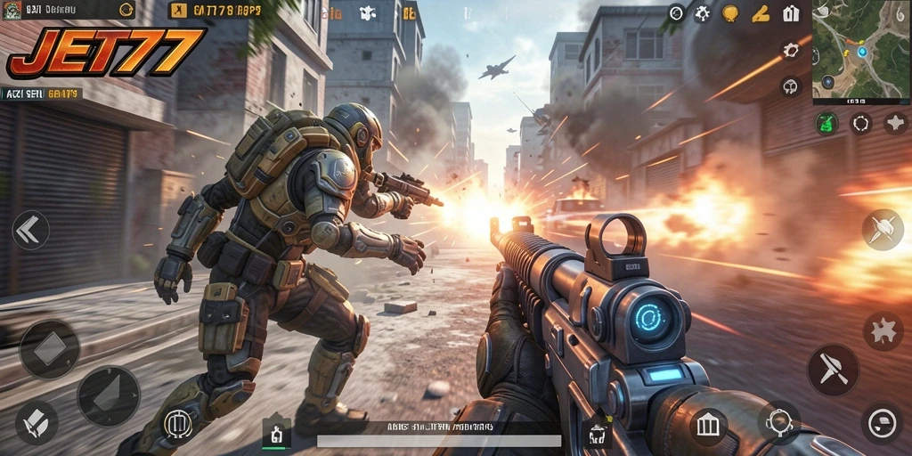 Screenshot gameplay JET77 yang menunjukkan aksi tembak-menembak intens.