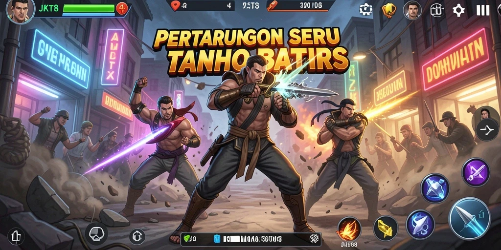 Tampilan gameplay pertarungan intens di JKT8 dengan berbagai karakter unik.