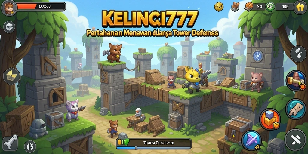 Screenshot gameplay KELINCI777 menampilkan pertahanan menara yang strategis.