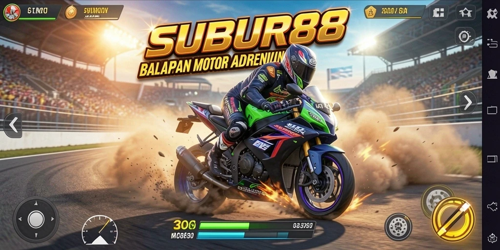 Tampilan gameplay SUBUR88 dengan balapan motor yang intens dan mendebarkan.
